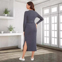 Women's Long-Sleeved Striped Round-Neck Maternity Dress, Sexy One-step Skirt, Casual Wear, Versatile, Spring, Summer - NTKSTORE