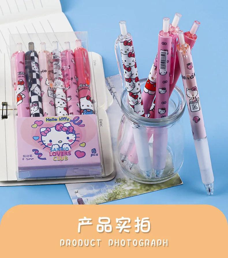 6Pcs Sanrio Gel Pen Hello Kitty Cartoon Kuromi ST Quick Drying Black 0.5mm Press The Ballpoint Pen Learning Stationery Gifts - NTKSTORE