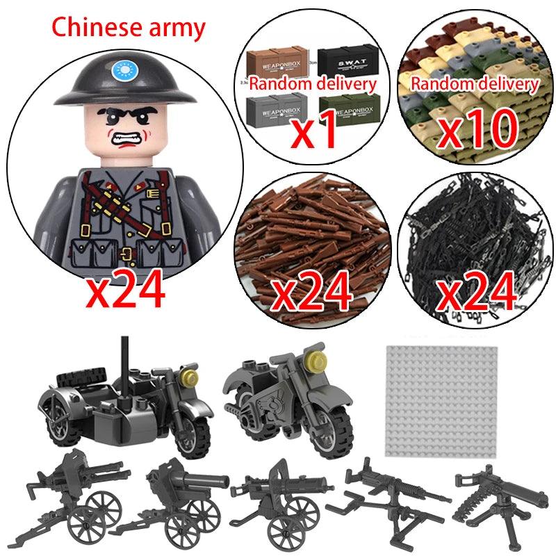 Children Toys Mini Military Figures Building Blocks WW2 UK French US Germany Soviet Army Soldiers Machine Gun Set Bricks Model - NTKSTORE