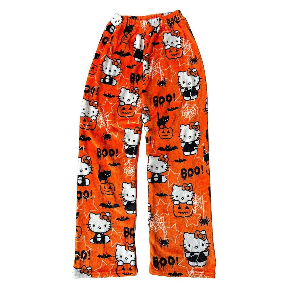 Sanrio Hello Kitty Flannel Pajamas Black Women'S Warm Woolen Cartoon Casual Home Pants In Autumn Winter Fashion Trousers - NTKSTORE