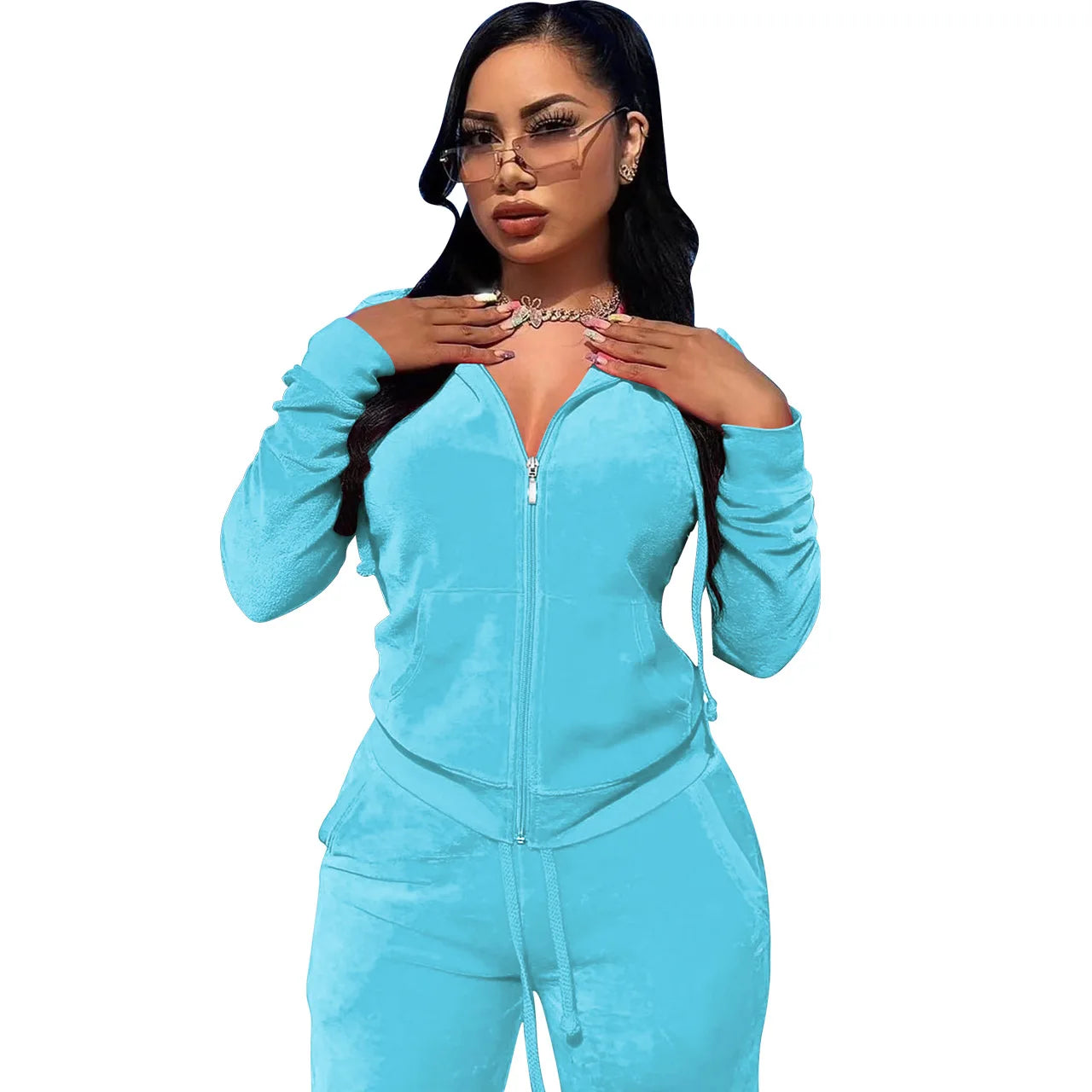 Womens Warm 2 Piece Outfits Velour Tracksuits Full Zip Hoodie And Drawstring Sweatpants Sweatsuits Sets Velvet Jogging Suit - NTKSTORE