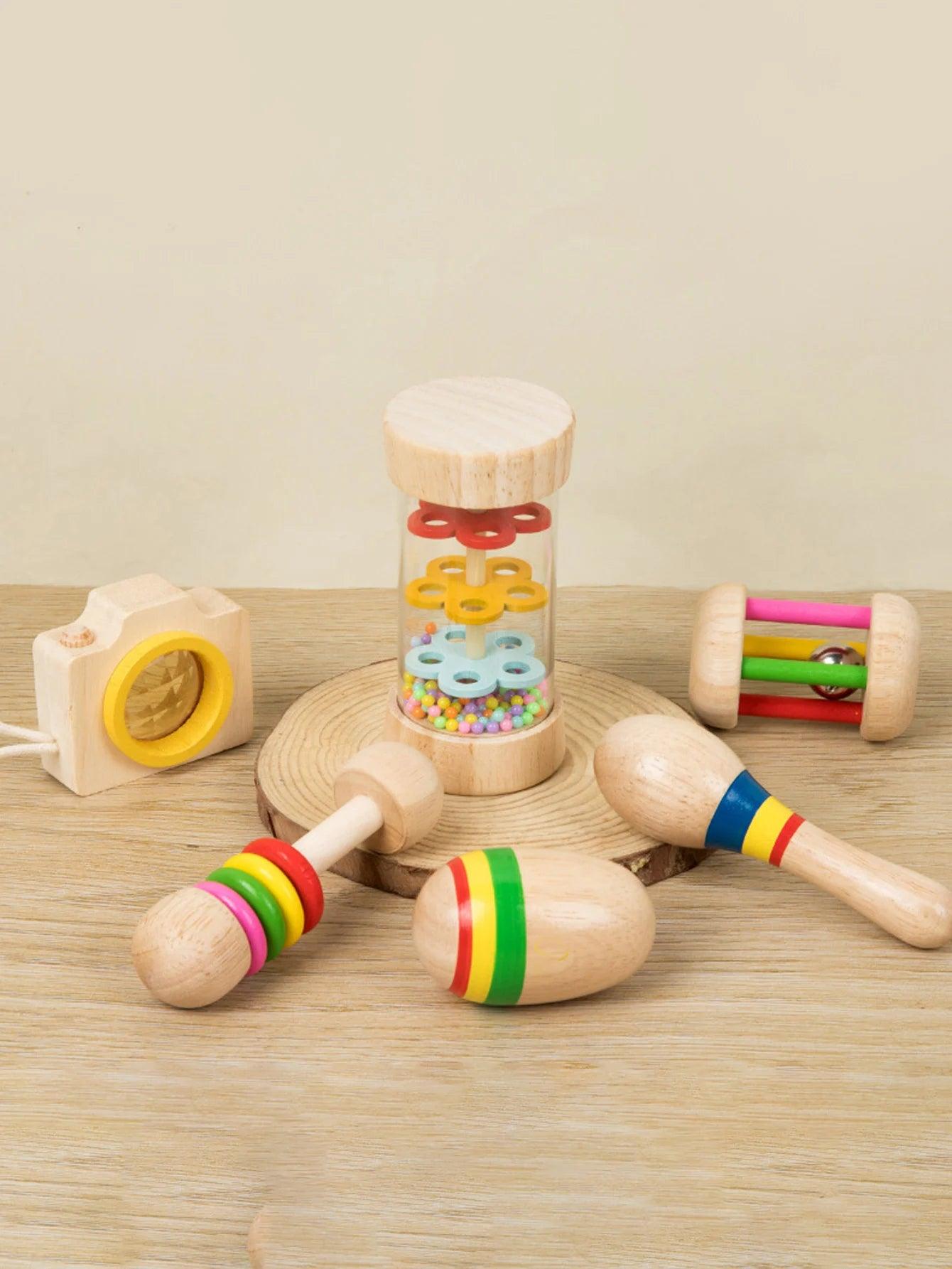 6pcs/set Wooden Musical Instruments Toys, Small Rattle, Sand Hammer, Sand Ball, Shake Bell Kaleidoscope, Griping Practice Toys - NTKSTORE