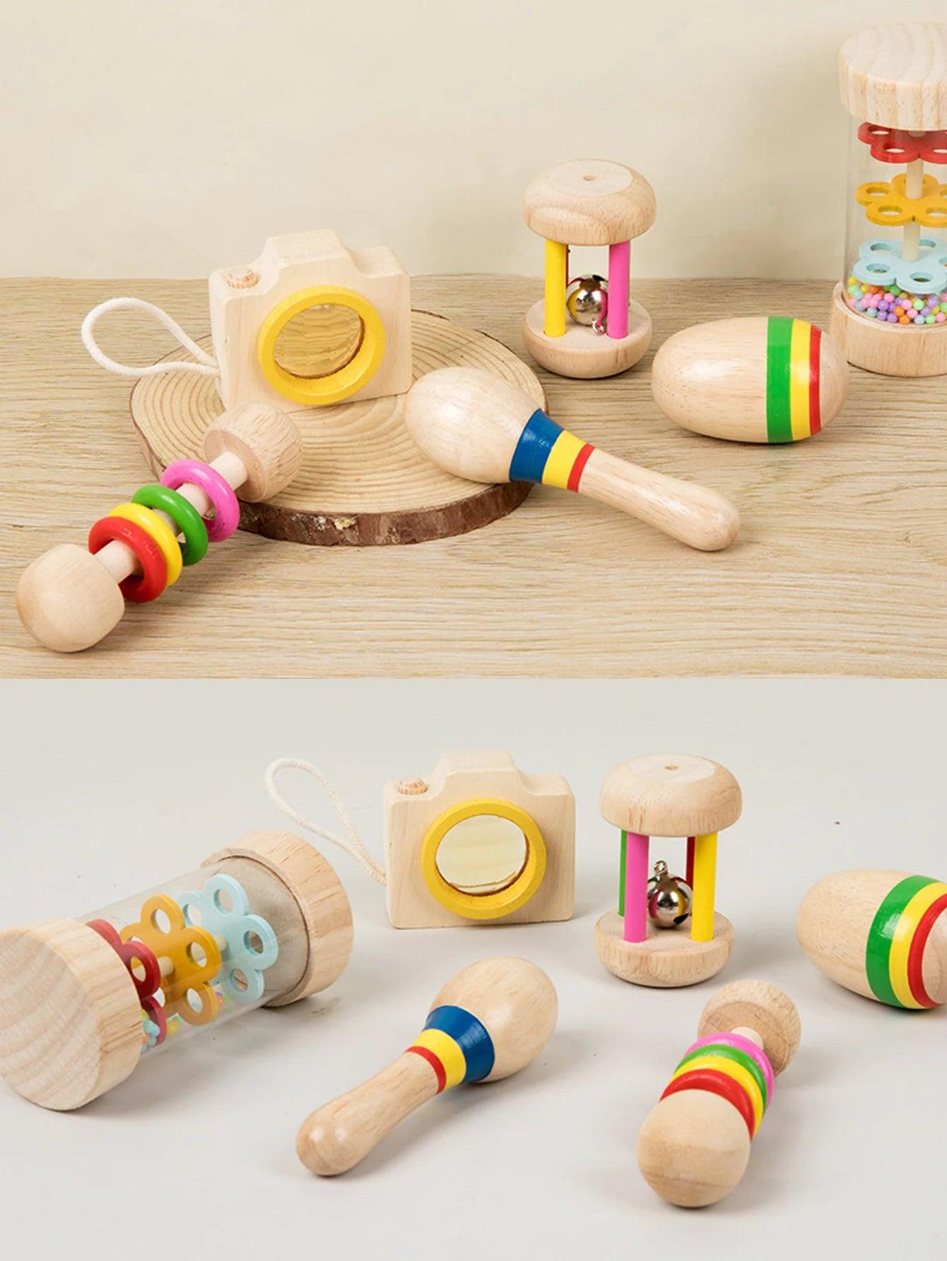 6pcs/set Wooden Musical Instruments Toys, Small Rattle, Sand Hammer, Sand Ball, Shake Bell Kaleidoscope, Griping Practice Toys - NTKSTORE