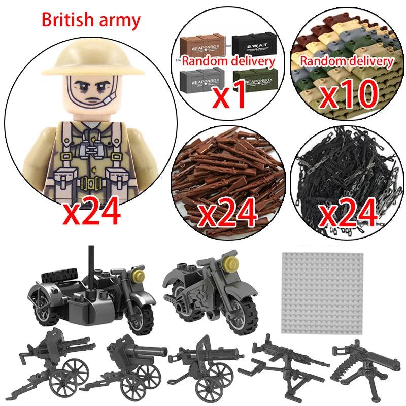 Children Toys Mini Military Figures Building Blocks WW2 UK French US Germany Soviet Army Soldiers Machine Gun Set Bricks Model - NTKSTORE