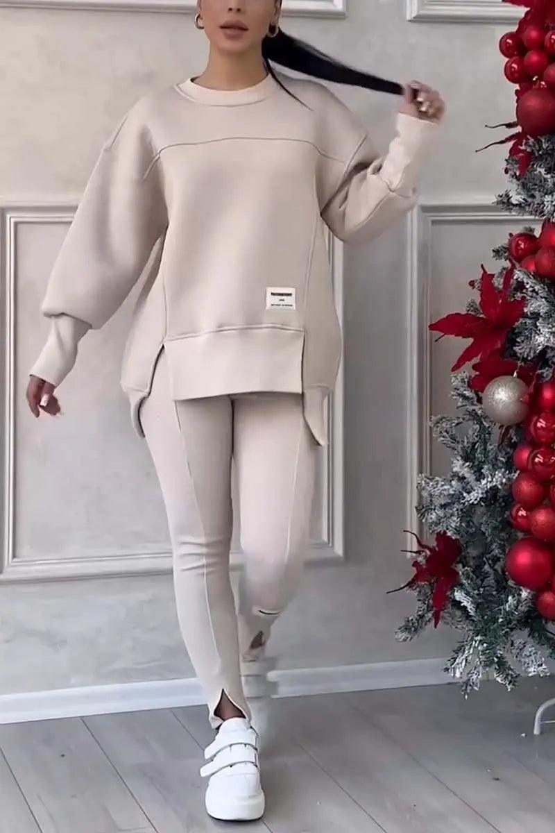 2pcs Women Sport Suit Hoodie Sweatshirt Winter Loose Irregular Top + Leggings Pant Casual Jogger Outfit Sports Two-piece Set - NTKSTORE