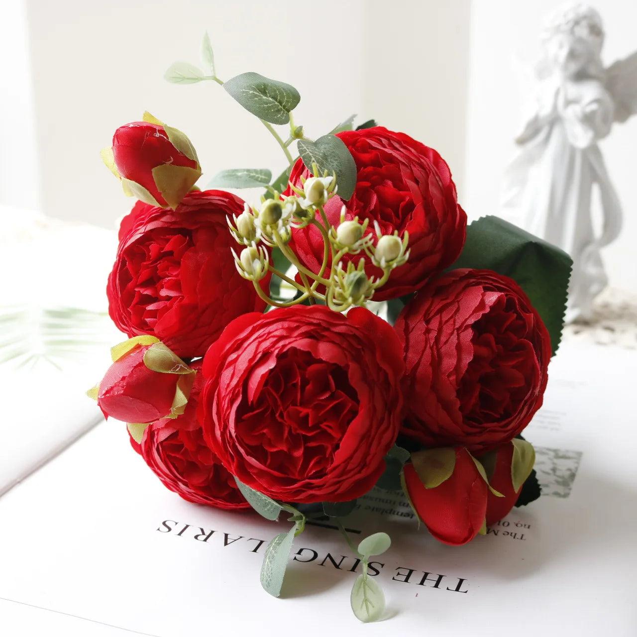 Hot Selling 1pcs/30cm Rose Pink Silk Bouquet Peony Artificial Flower 5 Big Head 4 Small Bud Bride Wedding Home Decoration Artifi - NTKSTORE