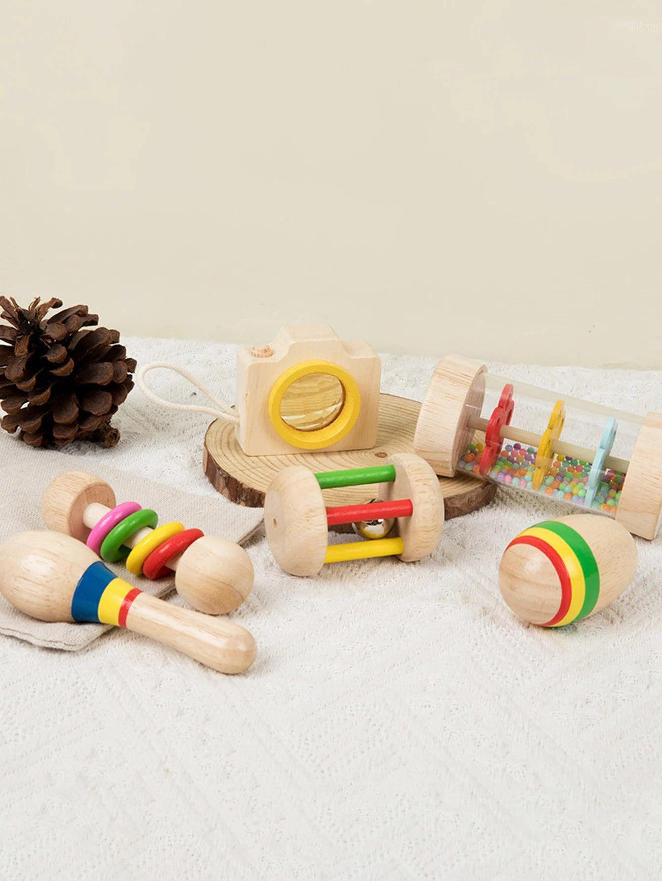 6pcs/set Wooden Musical Instruments Toys, Small Rattle, Sand Hammer, Sand Ball, Shake Bell Kaleidoscope, Griping Practice Toys - NTKSTORE