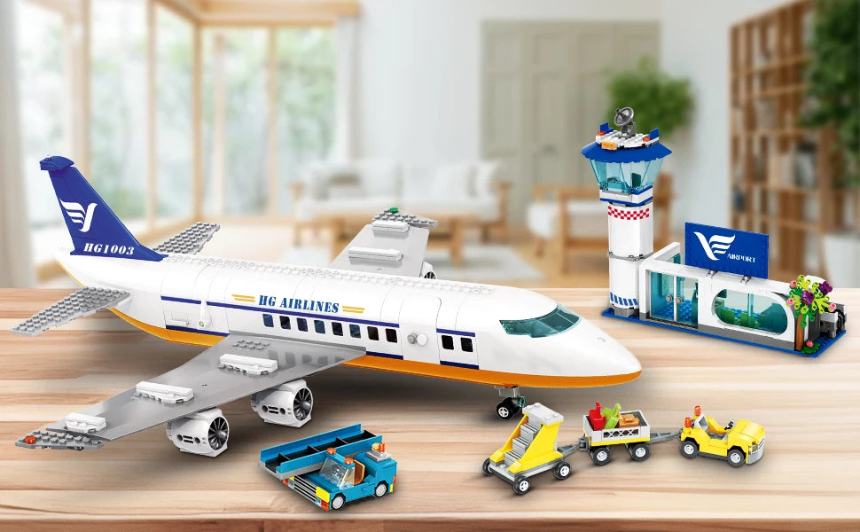 HOGOKIDS Airplane Building Set with LED, Plane Building Blocks with Airport Terminal Luggage Trailer Toys Gifts for Kids Age 6+ - NTKSTORE