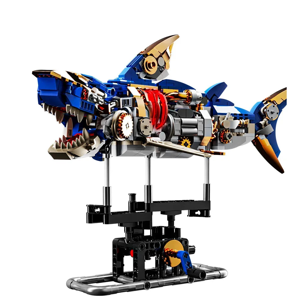 Mechanical Shark Building Set, Shark Sea Life Building Blocks Set with Display Stand and Lights, Block Gift for Kids and Adults