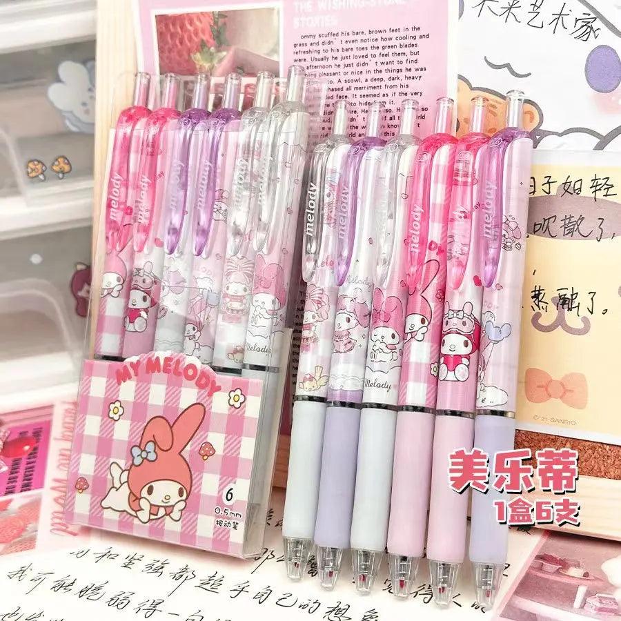 6Pcs Sanrio Gel Pen Hello Kitty Cartoon Kuromi ST Quick Drying Black 0.5mm Press The Ballpoint Pen Learning Stationery Gifts - NTKSTORE