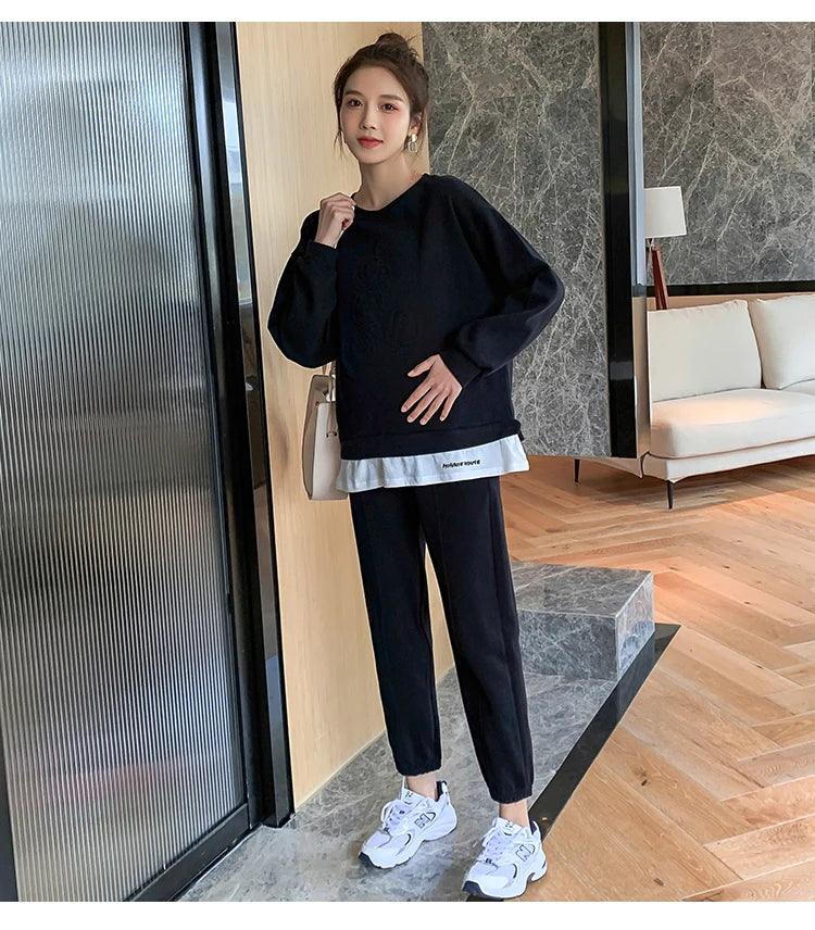 209 Spring Autumn Sports Casual Cotton Maternity Clothing Sets Sweatshirt Belly Pants Suits Clothes for Pregnant Women Pregnancy - NTKSTORE