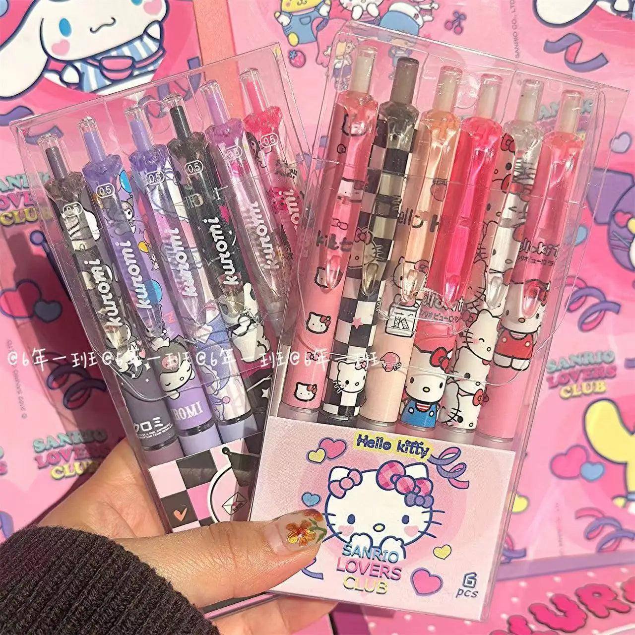 6Pcs Sanrio Gel Pen Hello Kitty Cartoon Kuromi ST Quick Drying Black 0.5mm Press The Ballpoint Pen Learning Stationery Gifts - NTKSTORE