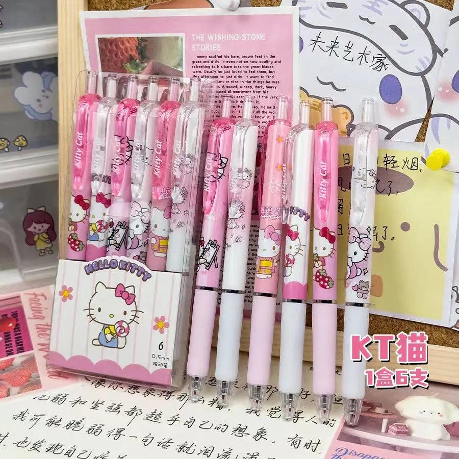 6Pcs Sanrio Gel Pen Hello Kitty Cartoon Kuromi ST Quick Drying Black 0.5mm Press The Ballpoint Pen Learning Stationery Gifts - NTKSTORE