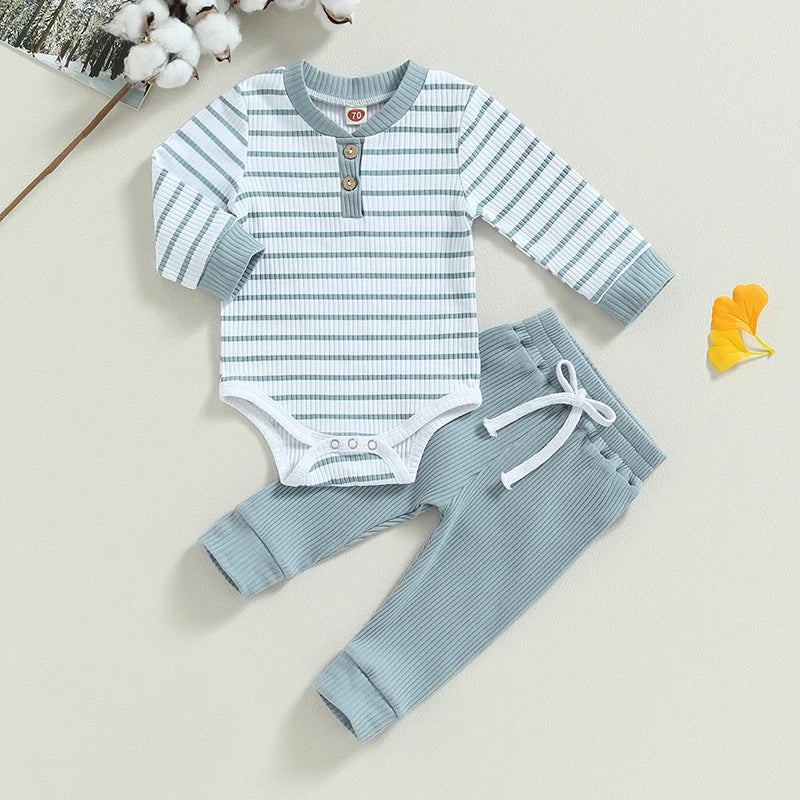 Casual Baby Boy 2Pcs Fall Outfits Long Sleeve Knitted Striped Print Romper Pants Set Infant Warm Clothes Baby's Sets