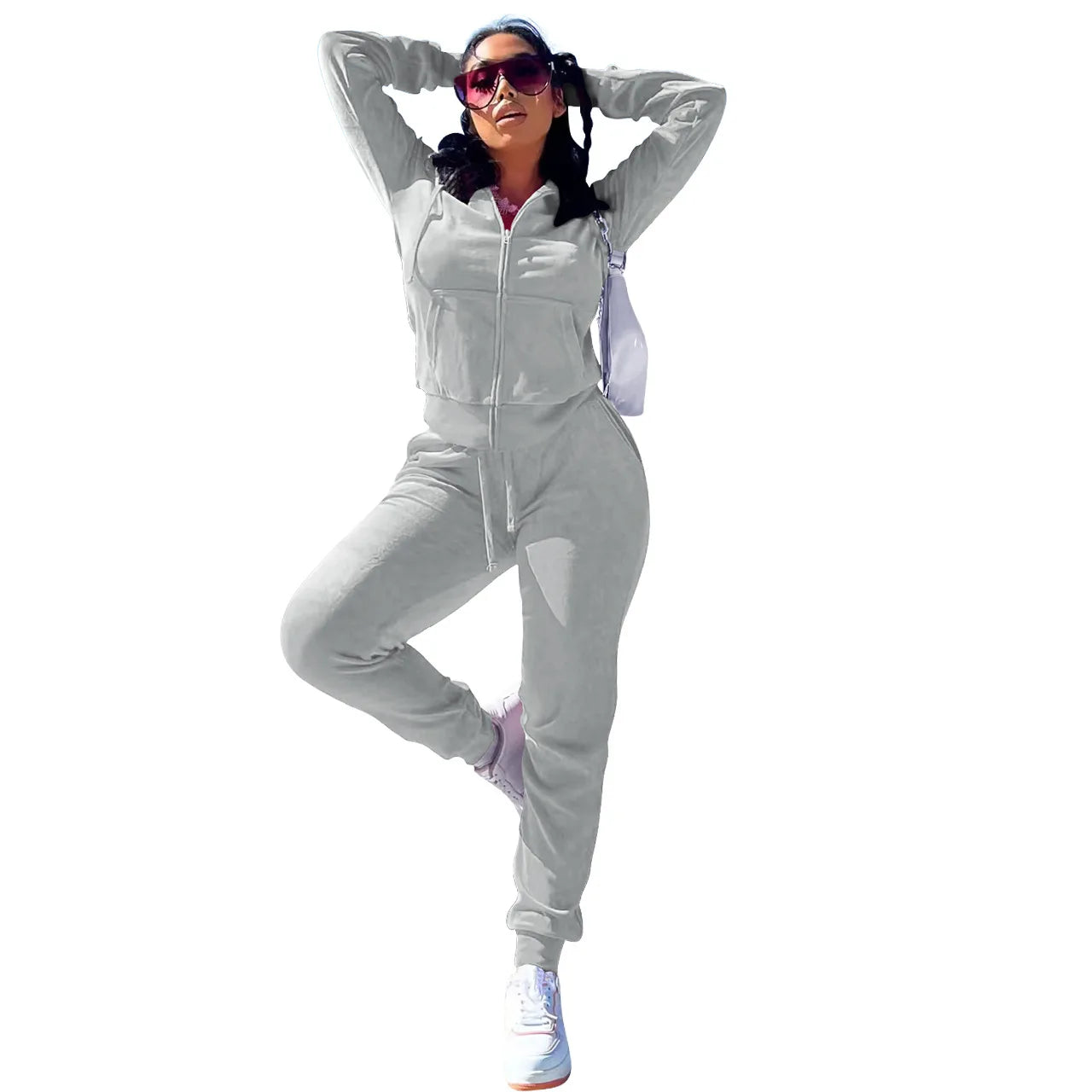 Womens Warm 2 Piece Outfits Velour Tracksuits Full Zip Hoodie And Drawstring Sweatpants Sweatsuits Sets Velvet Jogging Suit - NTKSTORE