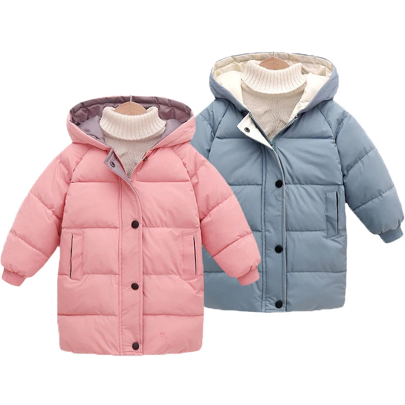 2 3 4 5 6 8 10 Years Girls Jacket Winter Long Style Solid Color Thick Keep Warm Hooded Outerwear For Boys Down Cotton Snowsuit - NTKSTORE