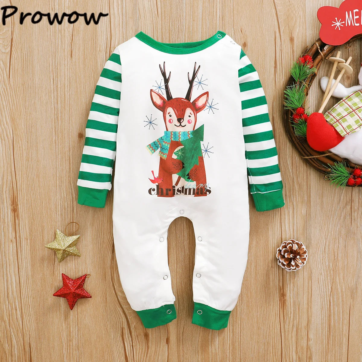 Prowow My First Christmas Baby Romper Green Xmas Tree Bodysuit For Infants Newborns 2024 New Year Baby Costume