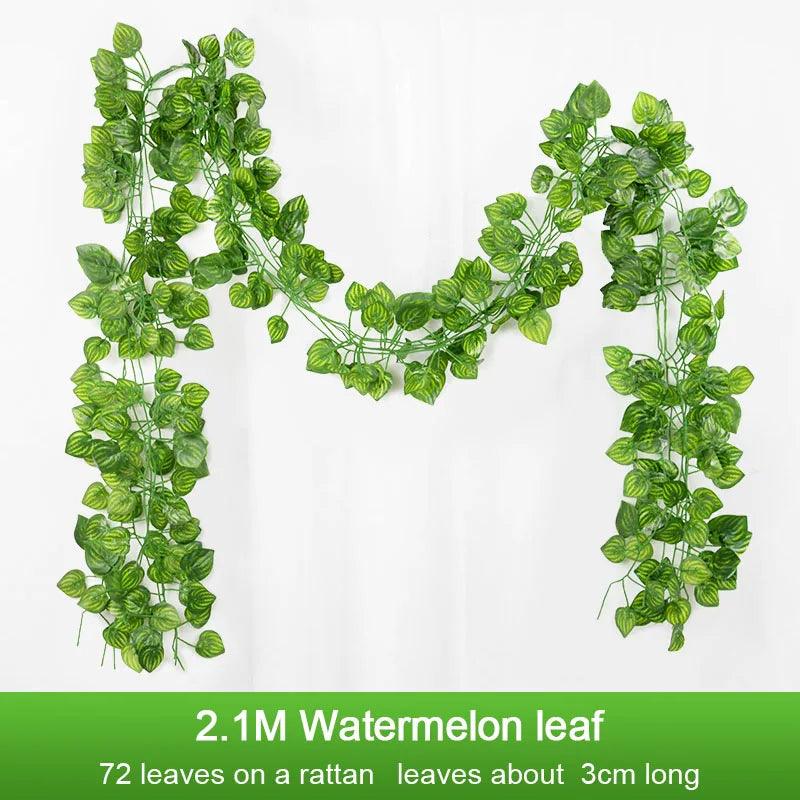 2.1M Artificial Plant Green Ivy Leaf Garland Silk Wall Hanging Vine Home Garden Decoration Wedding Party DIY Fake Wreath Leaves - NTKSTORE