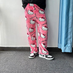 Sanrio Hello Kitty Flannel Pajamas Black Women'S Warm Woolen Cartoon Casual Home Pants In Autumn Winter Fashion Trousers