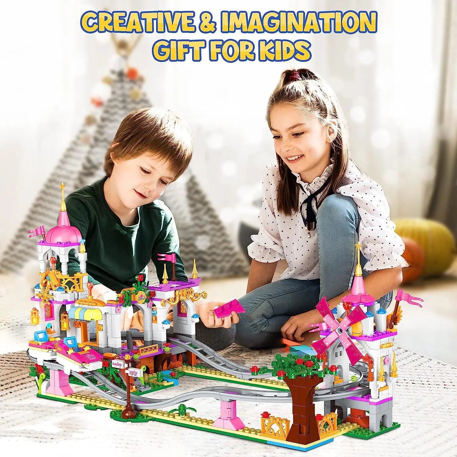 Roller Coaster Building Kit 711Pcs Amusement Park Building Block Kit Princess Playground Park Pink Toy Christmas Gift for Girls - NTKSTORE