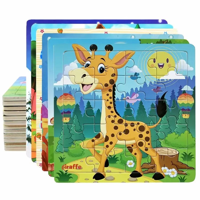 New 20 Piece Wooden 3d Puzzle Cartoon Animal Vehicle Jigsaw Puzzle Montessori Educational Toys For Kids Baby 1 2 3 Years - NTKSTORE