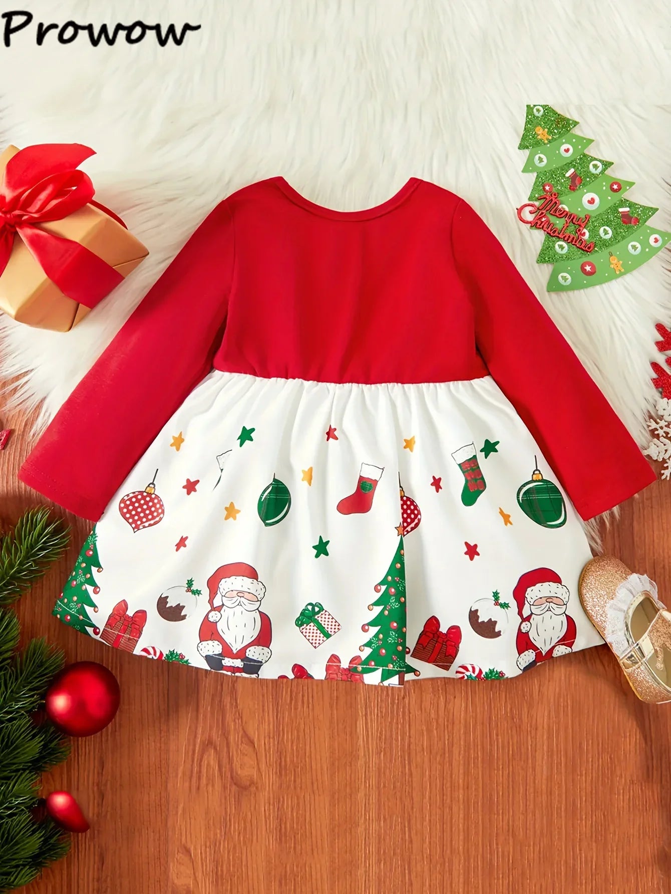 Prowow 2025 New Year Baby Dresses Patchwork Santa Claus Print Red Christmas Dresses For Girls Newborn Baby Christmas Costume - NTKSTORE