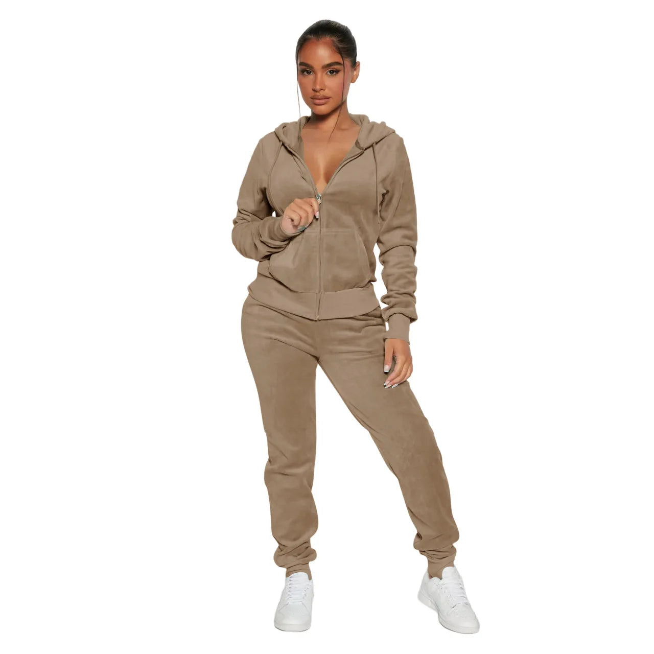 Womens Warm 2 Piece Outfits Velour Tracksuits Full Zip Hoodie And Drawstring Sweatpants Sweatsuits Sets Velvet Jogging Suit - NTKSTORE