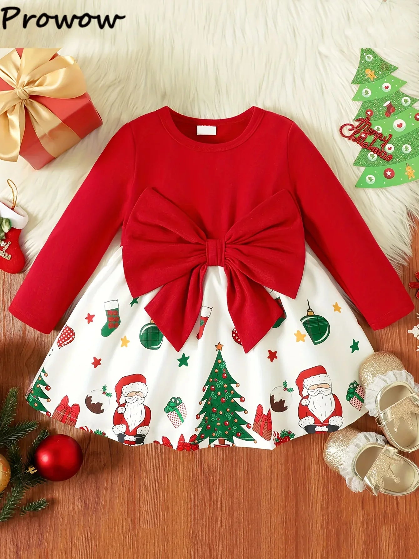 Prowow 2025 New Year Baby Dresses Patchwork Santa Claus Print Red Christmas Dresses For Girls Newborn Baby Christmas Costume - NTKSTORE