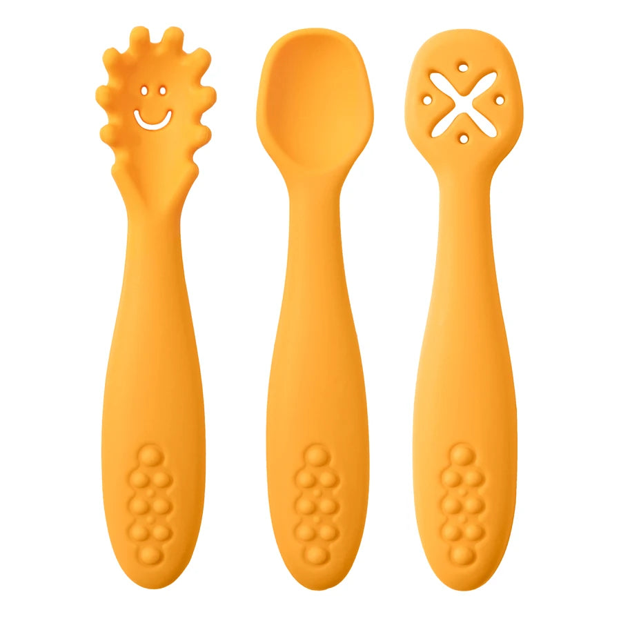 3PCS Kawaii Baby Learning Spoons Utensils Set Toddler Feeding Tableware Baby Silicone Teether Toys Training Cutlery Baby Stuff - NTKSTORE