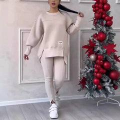 2pcs Women Sport Suit Hoodie Sweatshirt Winter Loose Irregular Top + Leggings Pant Casual Jogger Outfit Sports Two-piece Set - NTKSTORE