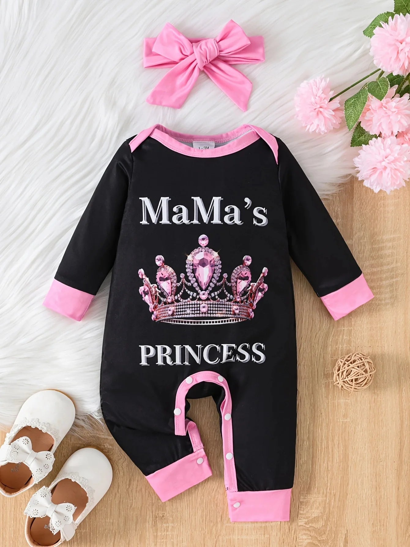 0-2 Year Old Spring and Autumn New Newborn Infants and Girls Crown Letter Printed Long sleeved Pants jumpsuit+Headband - NTKSTORE