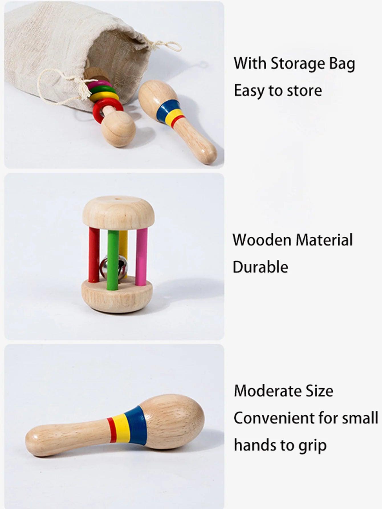 6pcs/set Wooden Musical Instruments Toys, Small Rattle, Sand Hammer, Sand Ball, Shake Bell Kaleidoscope, Griping Practice Toys - NTKSTORE