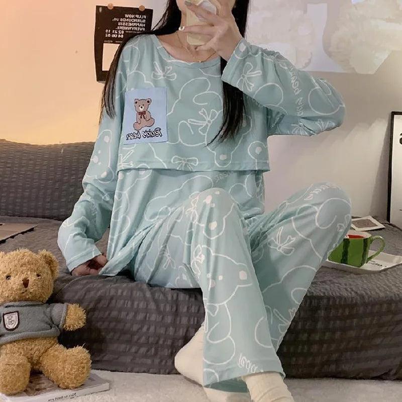 New Monthly Clothing 2-Piece Spring And Autumn Maternity Pajamas Summer Breastfeeding Suit Breastfeeding Pajamas Homewear - NTKSTORE