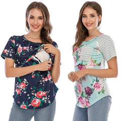 New Casual Womens Pregnant Maternity Clothes Nursing Tops Breastfeeding T-Shirt Pregnancy Striped Short Sleeve Shirt - NTKSTORE