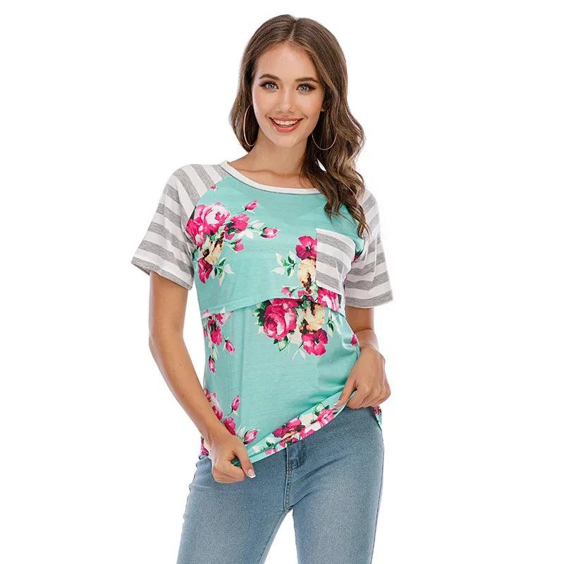 New Casual Womens Pregnant Maternity Clothes Nursing Tops Breastfeeding T-Shirt Pregnancy Striped Short Sleeve Shirt - NTKSTORE