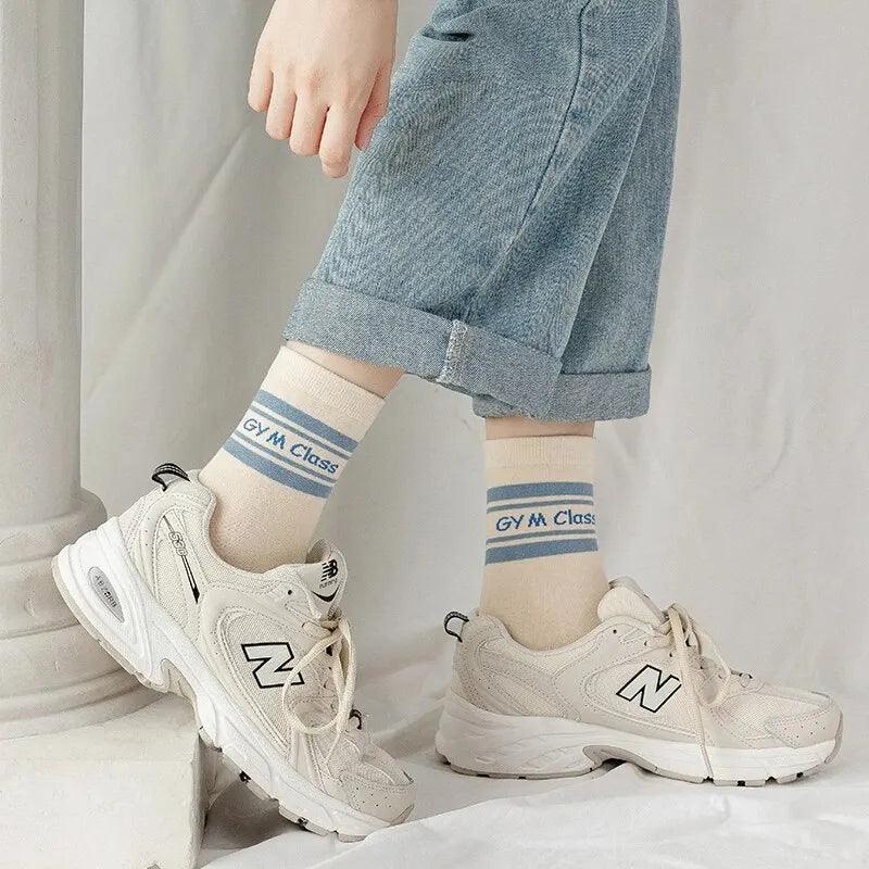 5 Pairs of Women's Spring Four-season Cute SStriped Letters Youthful Beautiful Fashionable and Comfortable Mid-calf Socks - NTKSTORE
