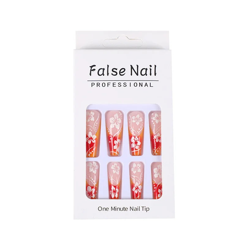 24 Pcs Flower Press on Nails Gradient Orange False Nails with Glue Autumn and Winter Extra Long Artificial French Cheap Nails