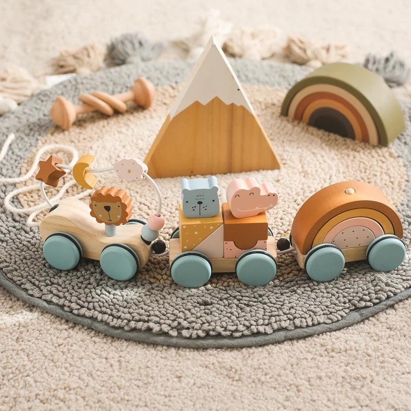 Baby Wooden Trailer Car Toys Rainbow Stacking Balance Blocks Animal Traction Car Star Moon Slider Beads For Kids Montessori Toys - NTKSTORE