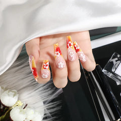 24 Pcs Flower Press on Nails Gradient Orange False Nails with Glue Autumn and Winter Extra Long Artificial French Cheap Nails