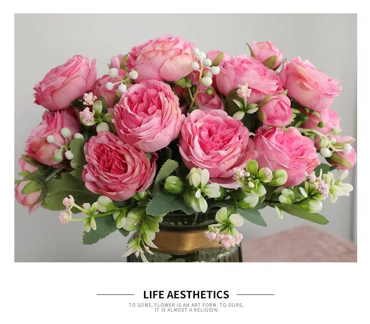 Hot Selling 1pcs/30cm Rose Pink Silk Bouquet Peony Artificial Flower 5 Big Head 4 Small Bud Bride Wedding Home Decoration Artifi - NTKSTORE