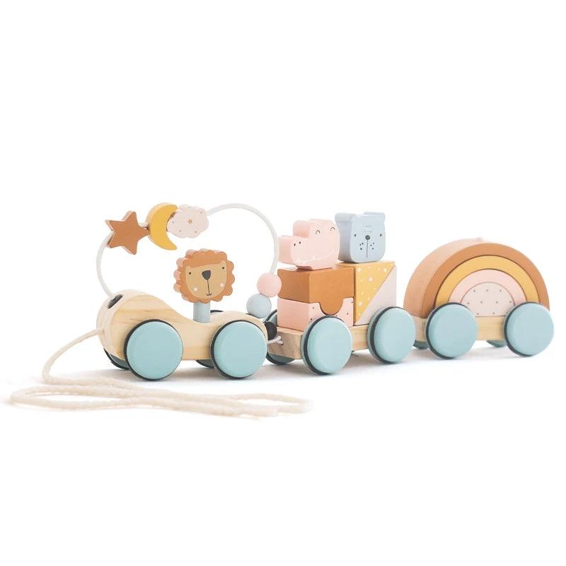 Baby Wooden Trailer Car Toys Rainbow Stacking Balance Blocks Animal Traction Car Star Moon Slider Beads For Kids Montessori Toys - NTKSTORE