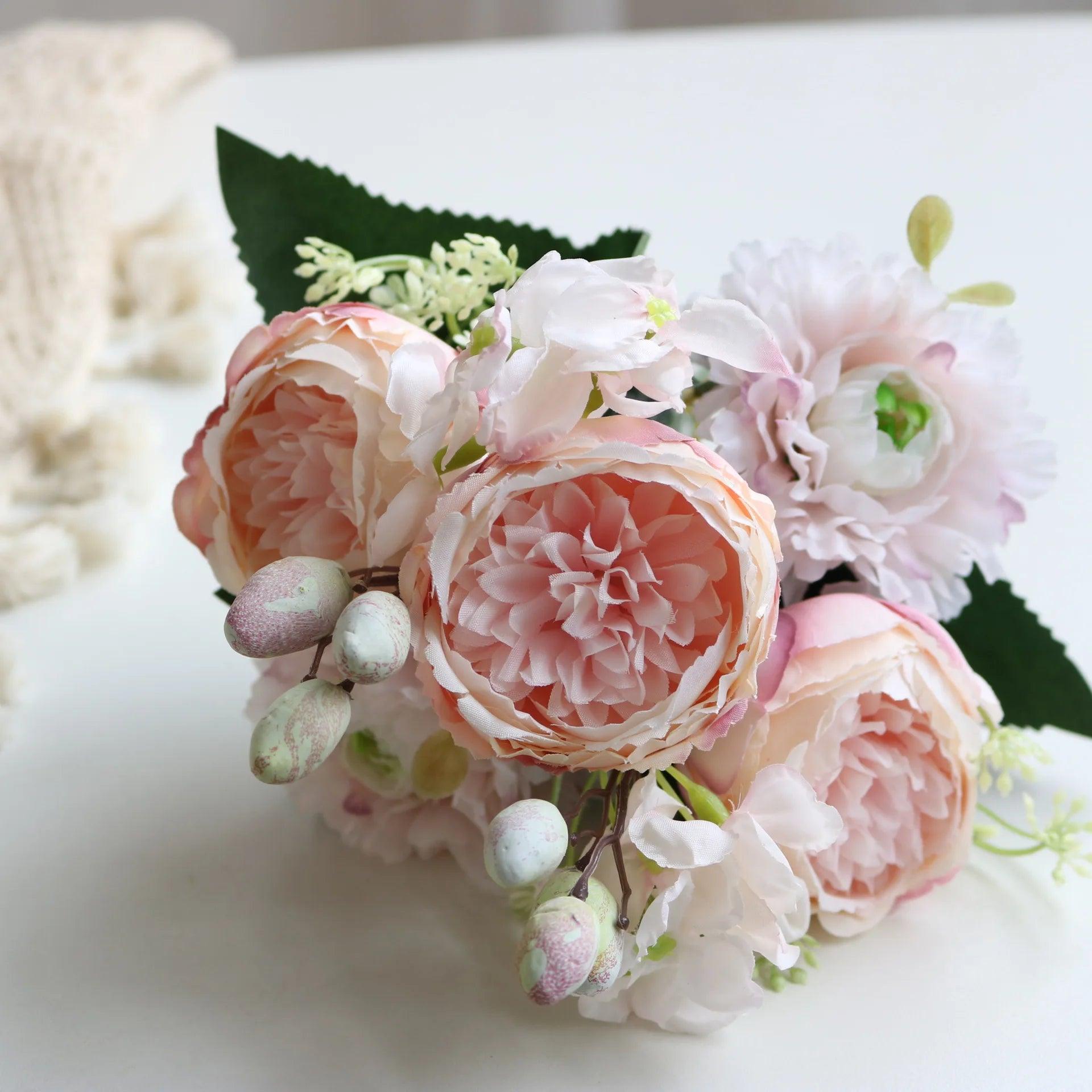 Hot Selling 1pcs/30cm Rose Pink Silk Bouquet Peony Artificial Flower 5 Big Head 4 Small Bud Bride Wedding Home Decoration Artifi - NTKSTORE