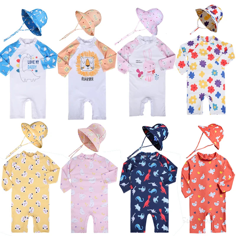 Baby Girls Swimsuit Long Sleeves One Piece Swimwear for Kids Toddler Cartoon UPF50+ Rash Guards Infant Bathing Suit Korea Sets