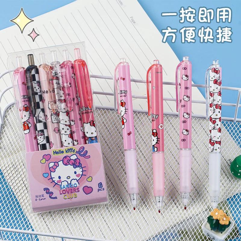 6Pcs Sanrio Gel Pen Hello Kitty Cartoon Kuromi ST Quick Drying Black 0.5mm Press The Ballpoint Pen Learning Stationery Gifts - NTKSTORE