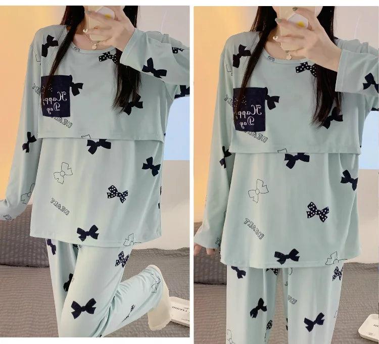 New Monthly Clothing 2-Piece Spring And Autumn Maternity Pajamas Summer Breastfeeding Suit Breastfeeding Pajamas Homewear - NTKSTORE