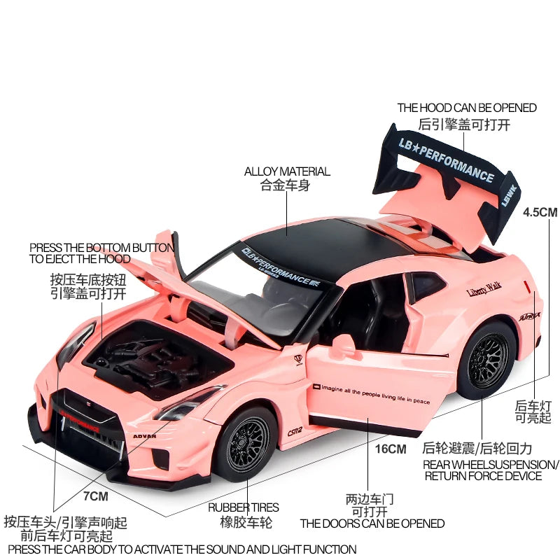 1:32 GT-CSR2 Alloy Exquisite Sports Car Model Fast Furious Simulation Miniature Toys Sound Light Children Gift Collect Hobby