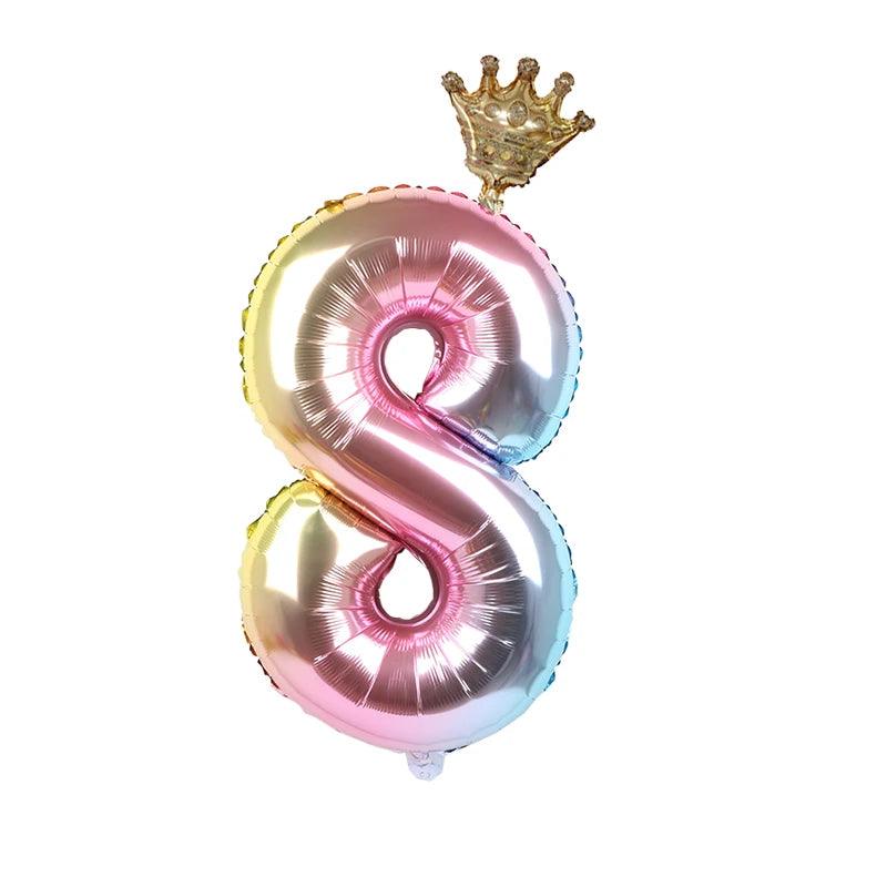 2pcs 32inch Rainbow Number Foil Balloons with Crown for Kids Boy Girl 1st Birthday Party Decorations Rose Gold Figures Globos - NTKSTORE