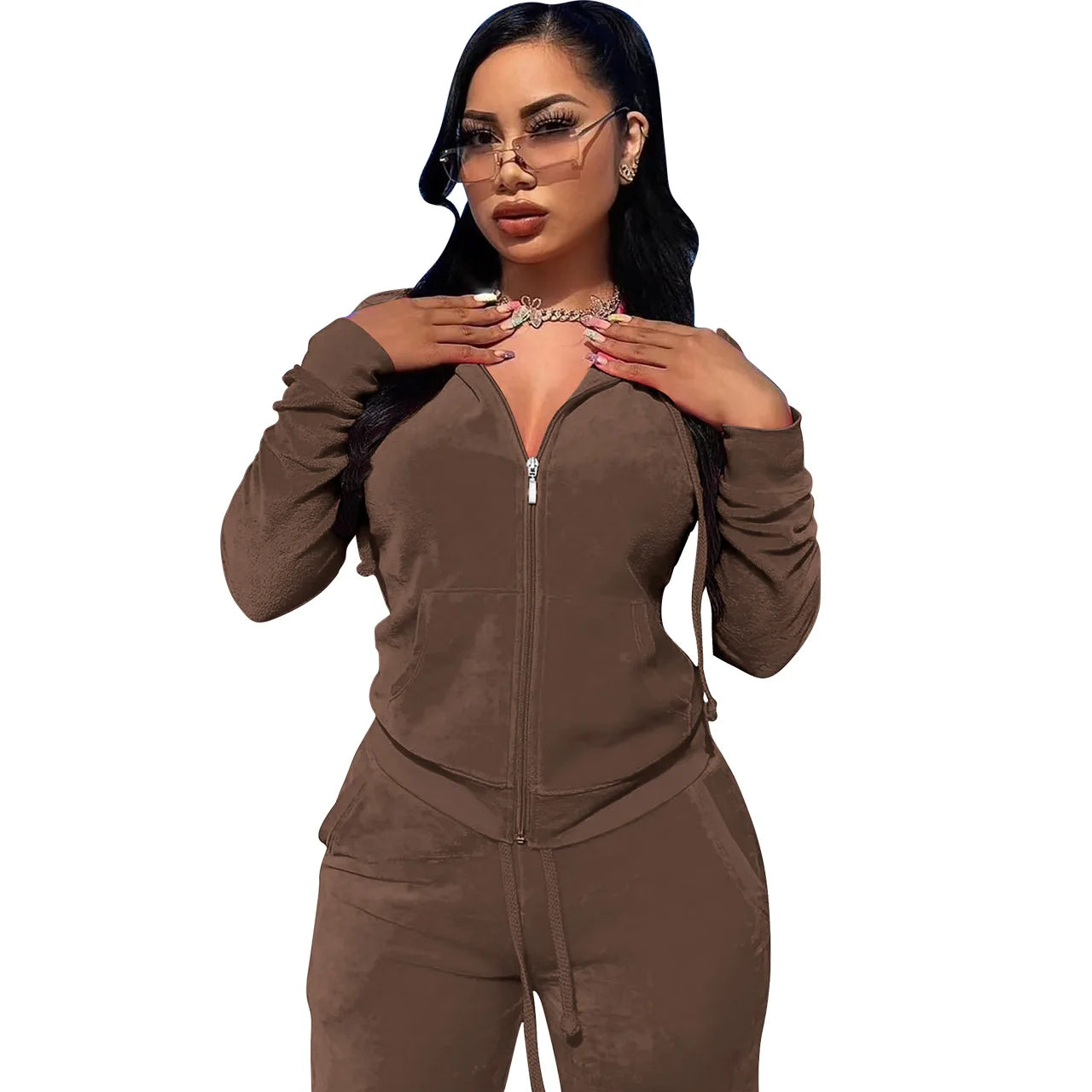 Womens Warm 2 Piece Outfits Velour Tracksuits Full Zip Hoodie And Drawstring Sweatpants Sweatsuits Sets Velvet Jogging Suit - NTKSTORE