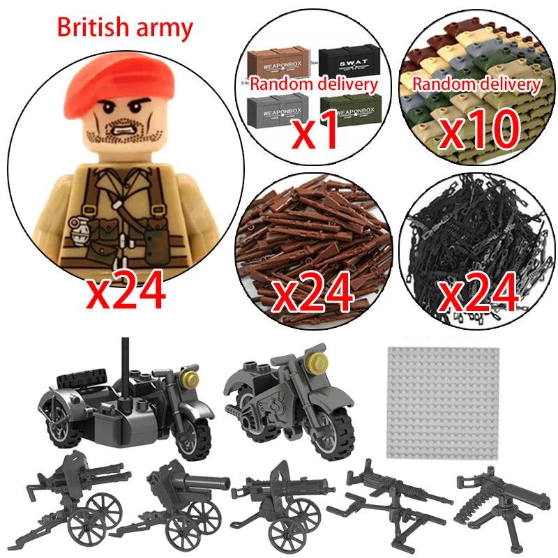 Children Toys Mini Military Figures Building Blocks WW2 UK French US Germany Soviet Army Soldiers Machine Gun Set Bricks Model - NTKSTORE