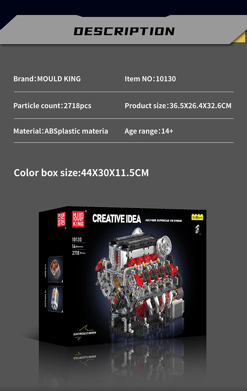 MOULD KING Technology 10130 F488 Supercar V8 Engine Model 2718Pcs Building Blocks Toy Set With Motor - NTKSTORE